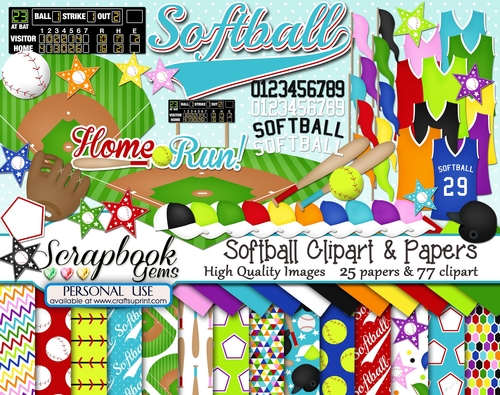 SOFTBALL Clipart & Papers Kit - 77 Clipart & 25 Papers