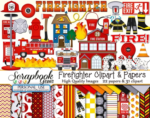 FIREFIGHTER Clipart & Papers Kit - 31 Clipart & 22 Papers