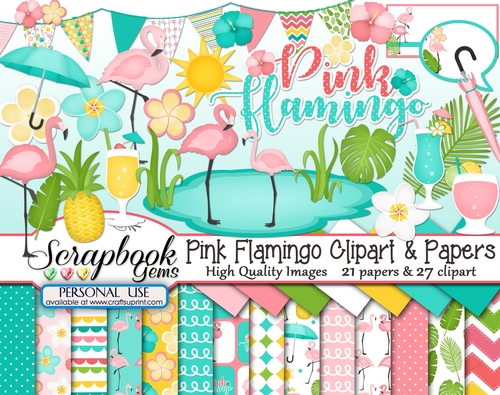 PINK FLAMINGO CLIPART & PAPERS KIT - 27 Clipart & 21 Papers