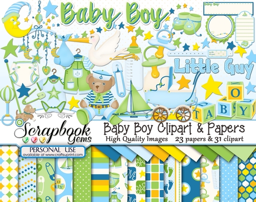 BABY BOY CLIPART & PAPERS KIT - 31 Clipart & 23 Papers