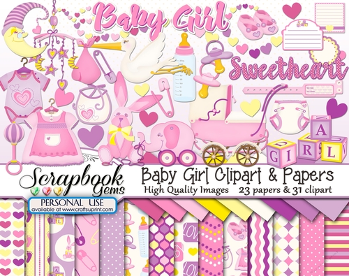 BABY GIRL CLIPART & PAPERS KIT - 31 Clipart & 23 Papers