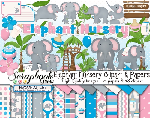 ELEPHANT NURSERY CLIPART & PAPERS KIT - 28 Clipart & 21 Papers