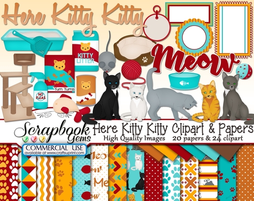 HERE KITTY CLIPART & PAPERS KIT - 24 Clipart & 20 Papers