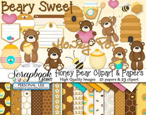 HONEY BEAR CLIPART & PAPERS KIT - 23 Clipart & 21 Papers