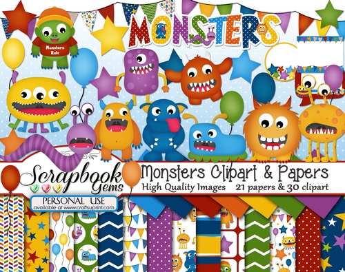 MONSTERS CLIPART & PAPERS KIT - 30 Clipart & 21 Papers