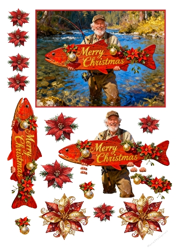 Angler and Fishy Poinsettias Decoupage 01