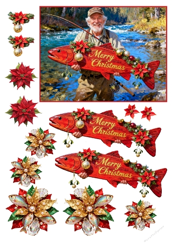 Angler and Fishy Poinsettias Decoupage 02
