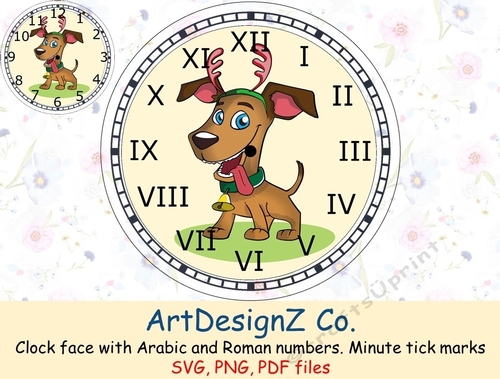 Clock face with Arabic and Roman numbers. Minute tick marks