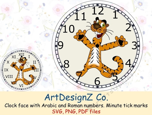 Clock face with Arabic and Roman numbers. Minute tick marks