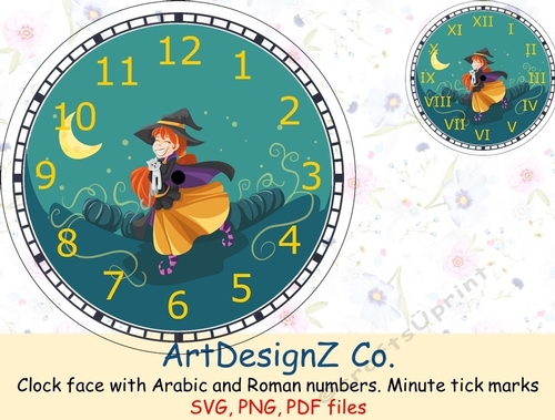 Clock face with Arabic and Roman numbers. Minute tick marks