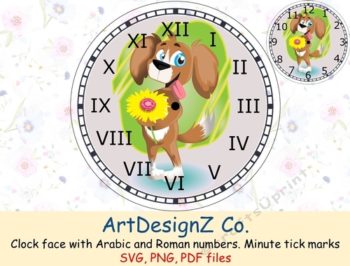Clock face with Arabic and Roman numbers. Minute tick marks