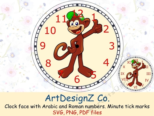 Clock face with Arabic and Roman numbers. Minute tick marks