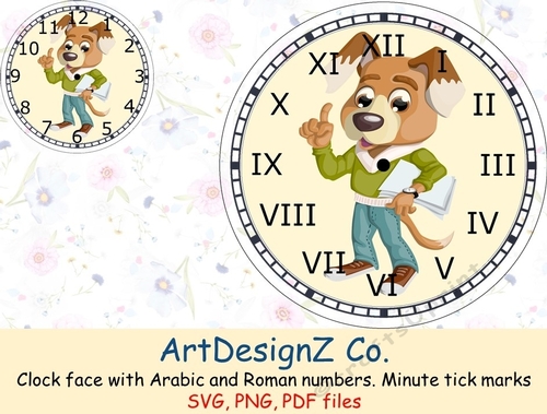 Clock face with Arabic and Roman numbers. Minute tick marks