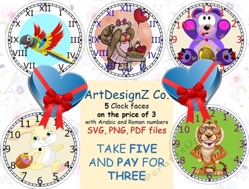 Five on the price of three. Clock face with Arabic and Roman numbers. Minute tick marks