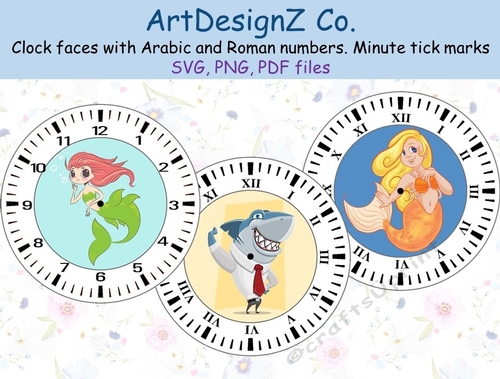 Set of three Clock faces with Arabic and Roman numbers. Minute tick marks