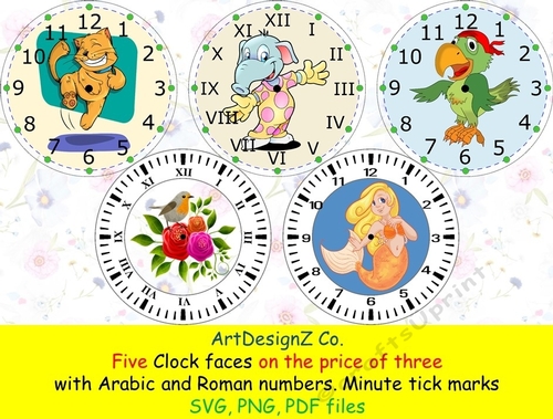 Set of five Clock faces on the price of three. Arabic and Roman numbers. Minute tick marks. Clipart
