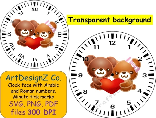Clock face with Arabic and Roman numbers, handmade, printable, surface, kit, birthday, different files, love