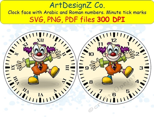 Clock face with Arabic and Roman numbers, handmade, printable, surface, kit, birthday, different files, clown