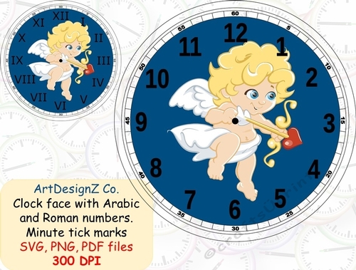 Beautiful clock face with Arabic and Roman numbers. Minute tick marks. Cupid, clock, cream, wedding, invitation, birthday, education, love, time, shaped, arrow, clipart, back to school, work, old fashioned