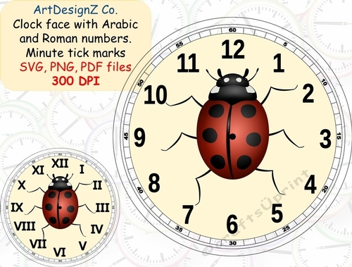 Ladybug clock face with Arabic and Roman numbers. Minute tick marks. Cupid, clock, cream, wedding, invitation, birthday, education, love, time, shaped, arrow, clipart, back to school, work, old fashioned