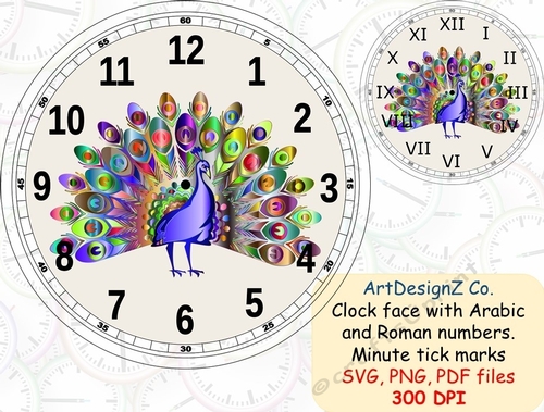 Peacock clock face with Arabic and Roman numbers. Minute tick marks. Cupid, clock, cream, wedding, invitation, birthday, education, love, time, shaped, arrow, clipart, back to school, work, old fashioned