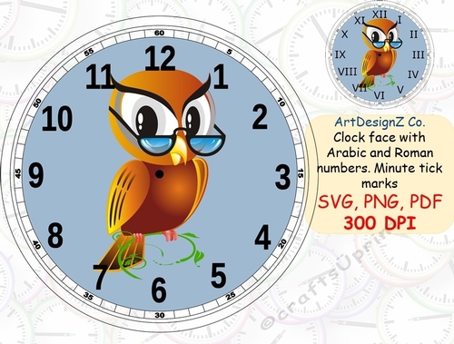 Owl clock face with Arabic and Roman numbers. Minute tick marks. Cupid, clock, cream, wedding, invitation, birthday, education, love, time, shaped, arrow, clipart, back to school, work, old fashioned