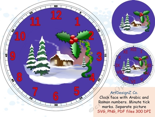 Beautiful Christmas clock face with Arabic and Roman numbers. Minute tick marks. Separate picture included. Elegant Celebrations and holidays. clipart, back to school, wedding, invitation, birthday, education, love, time, shaped, arrow