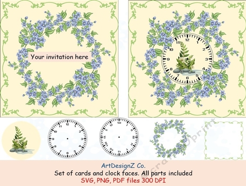Set of cards and clock faces. All parts included as separate files. Vintage, clipart, floral, back to school, wedding, invitation, birthday, education, love, time, shaped, arrow