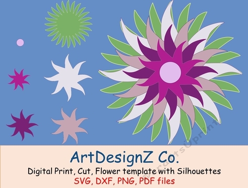 Paper flower template and silhouettes. Felting parts, felt, cut, felting, 3d model making, lilac, white, rose, spring, pyramage, fold back, birthday, female, blue, poppy, pink, red