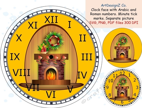 Beautiful Christmas scene clock face with Arabic and Roman numbers. Minute tick marks. Separate picture included. Elegant Celebrations and holidays. clipart, back to school, wedding, invitation, birthday, education, love, time, shaped, arrow