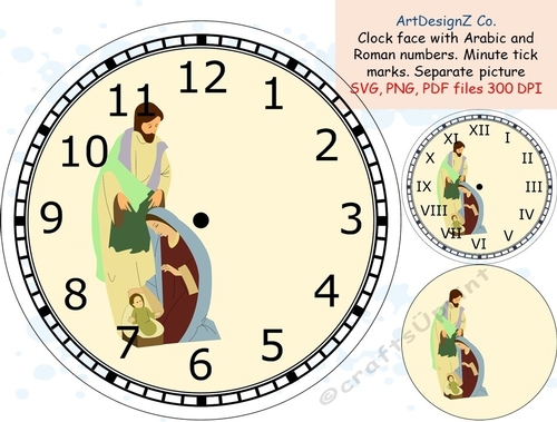 Beautiful Christmas scene clock face with Arabic and Roman numbers. Minute tick marks. Separate picture included. Elegant Celebrations and holidays. clipart, back to school, wedding, invitation, birthday, education, love, time, shaped, arrow
