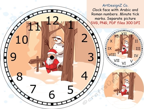 Beautiful Christmas scene clock face with Arabic and Roman numbers. Minute tick marks. Separate picture included. Elegant Celebrations and holidays. clipart, back to school, wedding, invitation, birthday, education, love, time, shaped, arrow