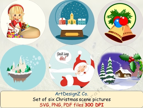 Set of six rounded Christmas scene pictures. Vintage, clock, decoration, wedding, invitation, birthday, frame, education, animals, time, shaped, sea, clipart, back to school, work, old fashioned
