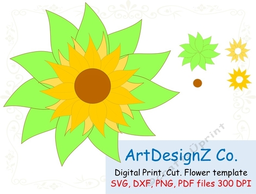 Sunflower paper flower template. Different file formats. strips, cut out, svg, pop up, nested, nesties, embellishments, tags, paper, keepsake, roses