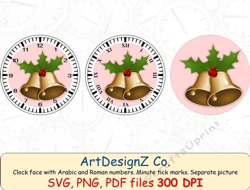 Beautiful Christmas scene clock face with Arabic and Roman numbers. Minute tick marks. Separate picture included. Clock face, girl, male, Christmas, scene, birthday, boy, Snezana, dad, grandfather, father, Design, travel, train, bag, vintage