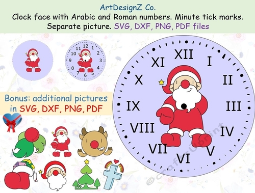 Beautiful Christmas scene clock face with Arabic and Roman numbers. Minute tick marks. Separate picture included. Bonus seven Christmas pictures in different file formats.