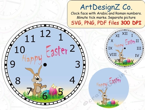 Beautiful Easter scene clock-face with Arabic and Roman numbers. Minute tick marks. Separate picture included. 