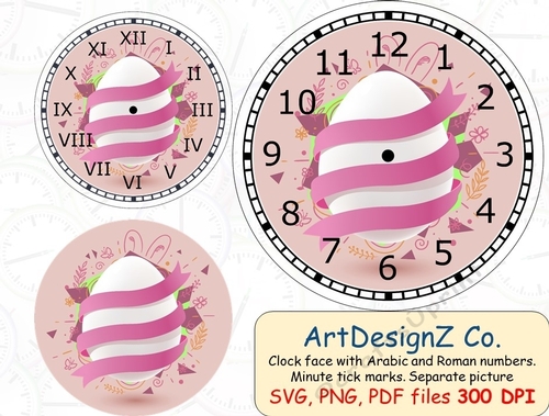 Beautiful Easter scene clock-face with Arabic and Roman numbers. Minute tick marks. Separate picture included. 
