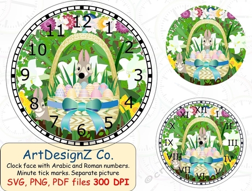 Beautiful Easter scene clock-face with Arabic and Roman numbers. Minute tick marks. Separate picture included. 