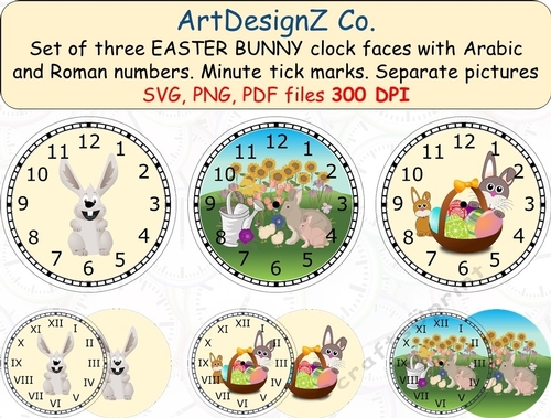 Set of three Easter bunny clock-faces with Arabic and Roman numbers. Minute tick marks. Separate picture included. 