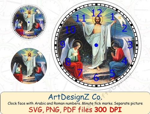 Christmas scene clock face with Arabic and Roman numbers. Minute tick marks. Separate picture included. 