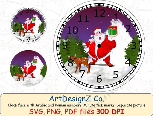 Christmas scene clock face with Arabic and Roman numbers. Minute tick marks. Separate picture included. 