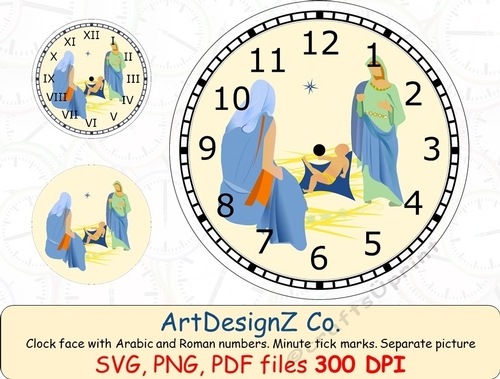Christmas scene clock face with Arabic and Roman numbers. Minute tick marks. Separate picture included. 