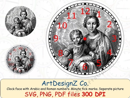 Christmas scene clock face with Arabic and Roman numbers. Minute tick marks. Separate picture included. 