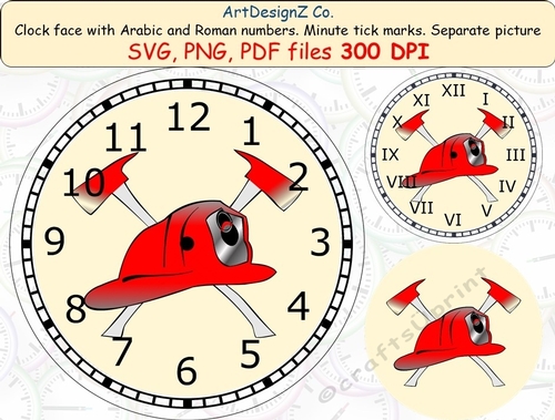 Fireman clock face with Arabic and Roman numbers. Minute tick marks. Separate picture included. 