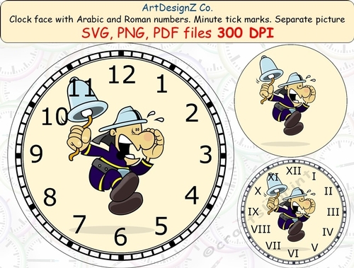 Fireman clock face with Arabic and Roman numbers. Minute tick marks. Separate picture included. 