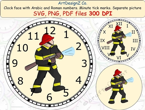 Fireman clock face with Arabic and Roman numbers. Minute tick marks. Separate picture included. 