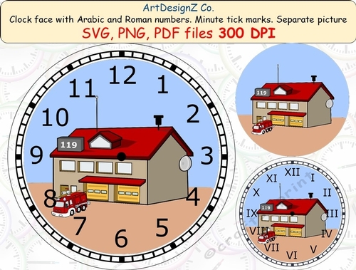 Fireman clock face with Arabic and Roman numbers. Minute tick marks. Separate picture included. 