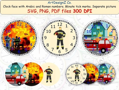 Fireman clock face with Arabic and Roman numbers. Minute tick marks. Separate picture included. 