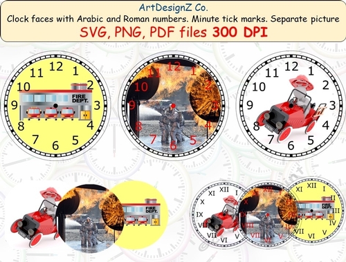 Fireman clock faces with Arabic and Roman numbers. Minute tick marks. Separate picture included
